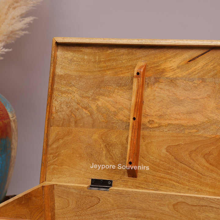 Hand-Carved Natural Mango Wood Storage Trunk with Floral Motif