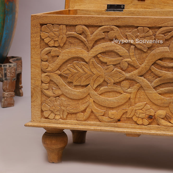 Hand-Carved Natural Mango Wood Storage Trunk with Floral Motif