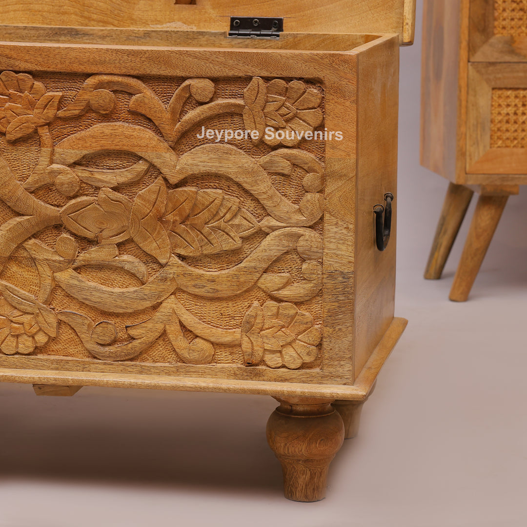 Hand-Carved Natural Mango Wood Storage Trunk with Floral Motif