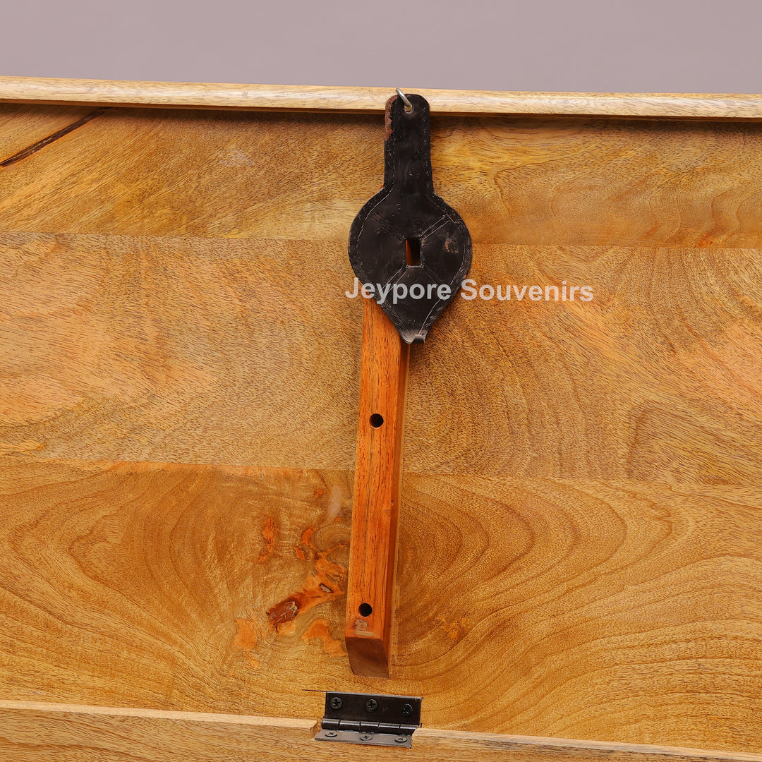 Hand-Carved Natural Mango Wood Storage Trunk with Floral Motif