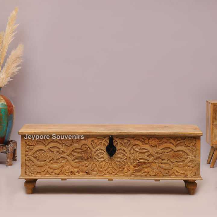 Hand-Carved Natural Mango Wood Storage Trunk with Floral Motif