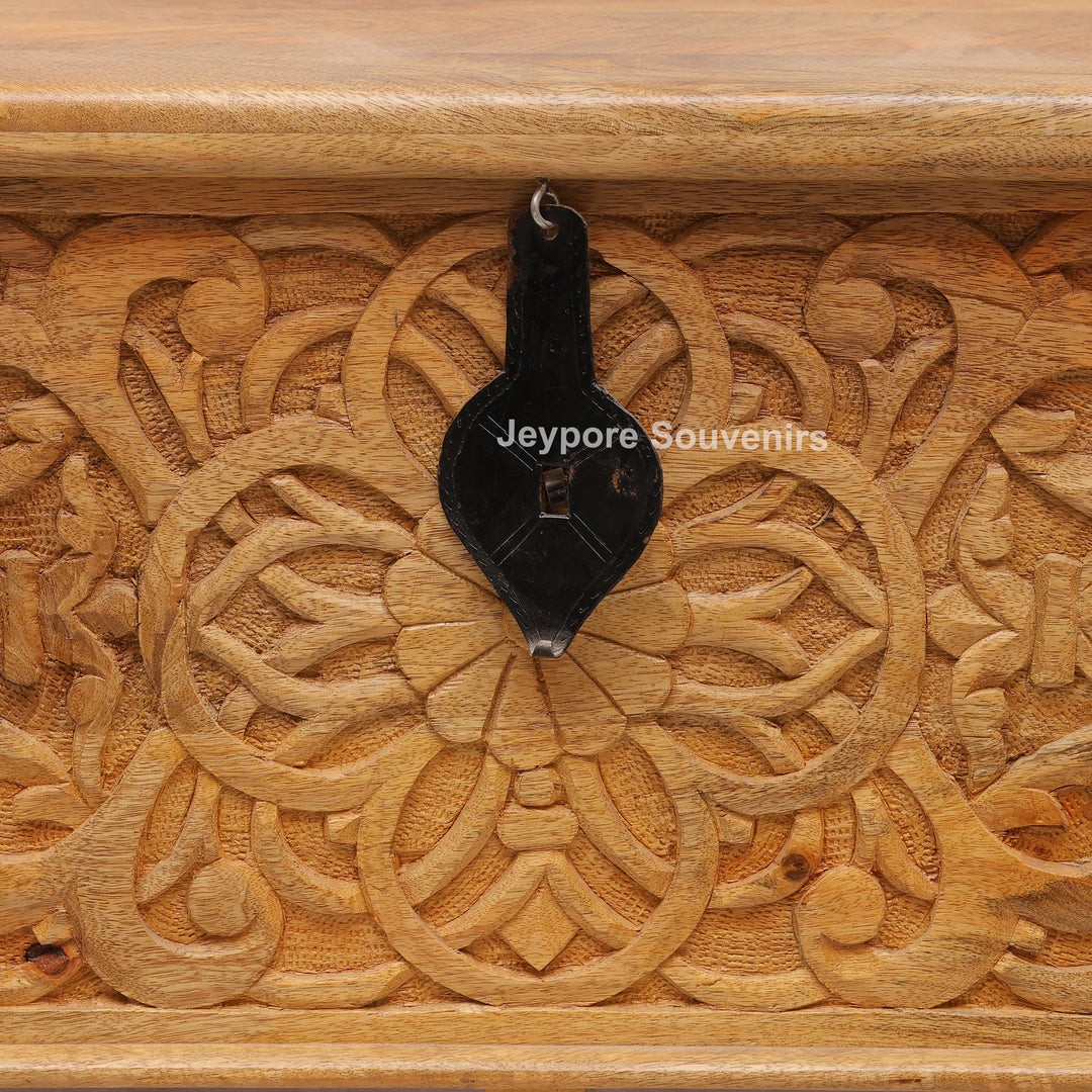 Hand-Carved Natural Mango Wood Storage Trunk with Floral Motif