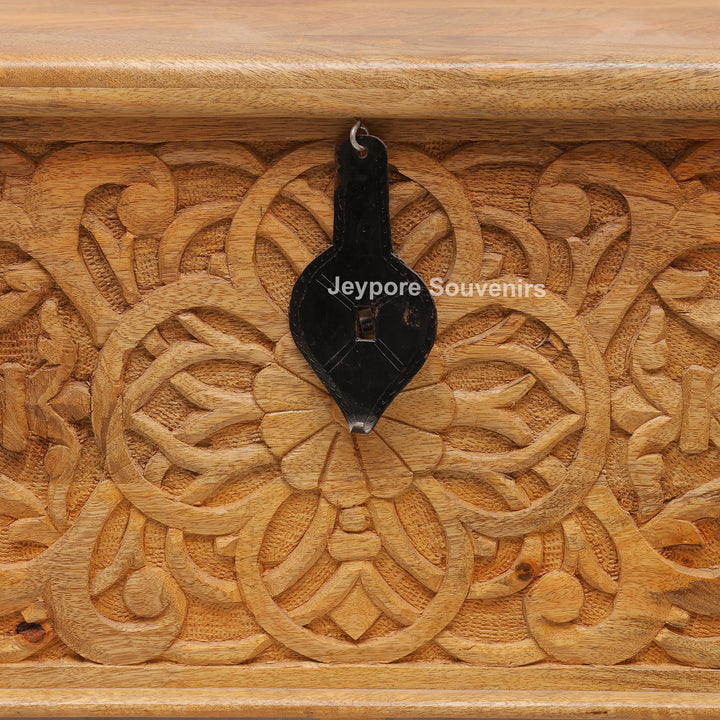 Hand-Carved Natural Mango Wood Storage Trunk with Floral Motif