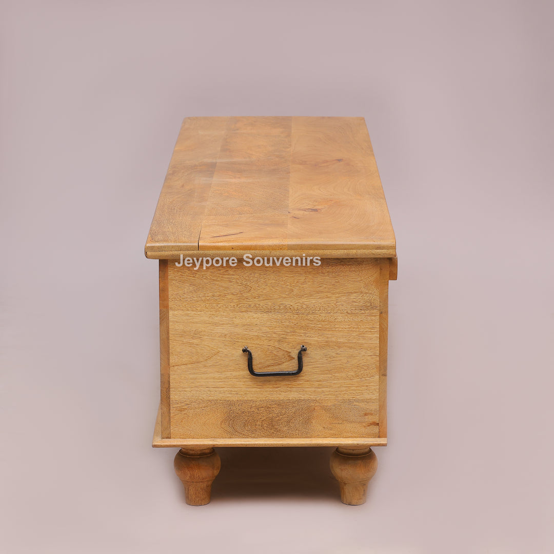 Hand-Carved Natural Mango Wood Storage Trunk with Floral Motif