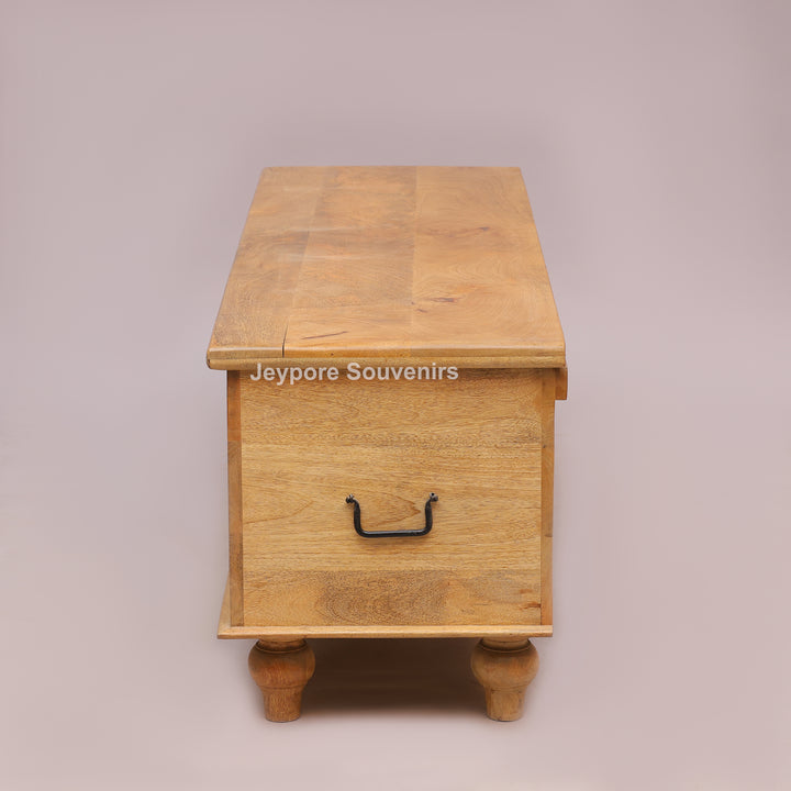 Hand-Carved Natural Mango Wood Storage Trunk with Floral Motif