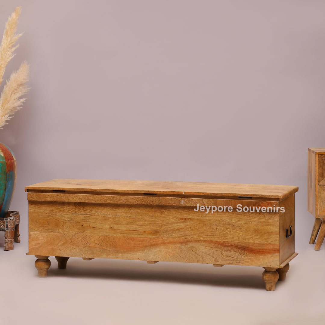 Hand-Carved Natural Mango Wood Storage Trunk with Floral Motif
