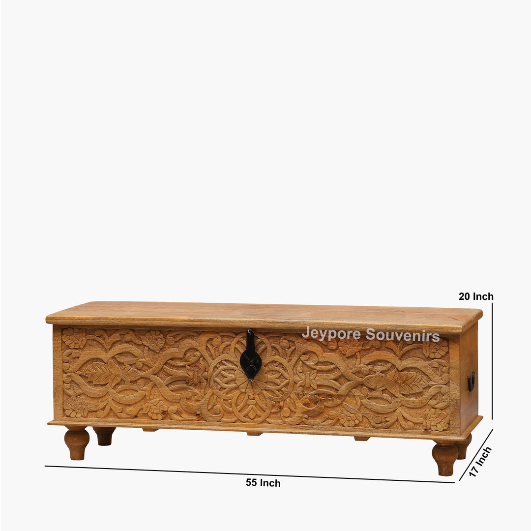 Hand-Carved Natural Mango Wood Storage Trunk with Floral Motif