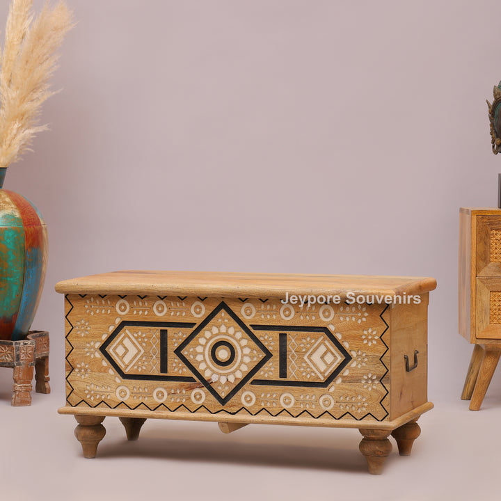 Hand-Carved Wooden Storage Trunk with Geometric &amp; Circular Motifs