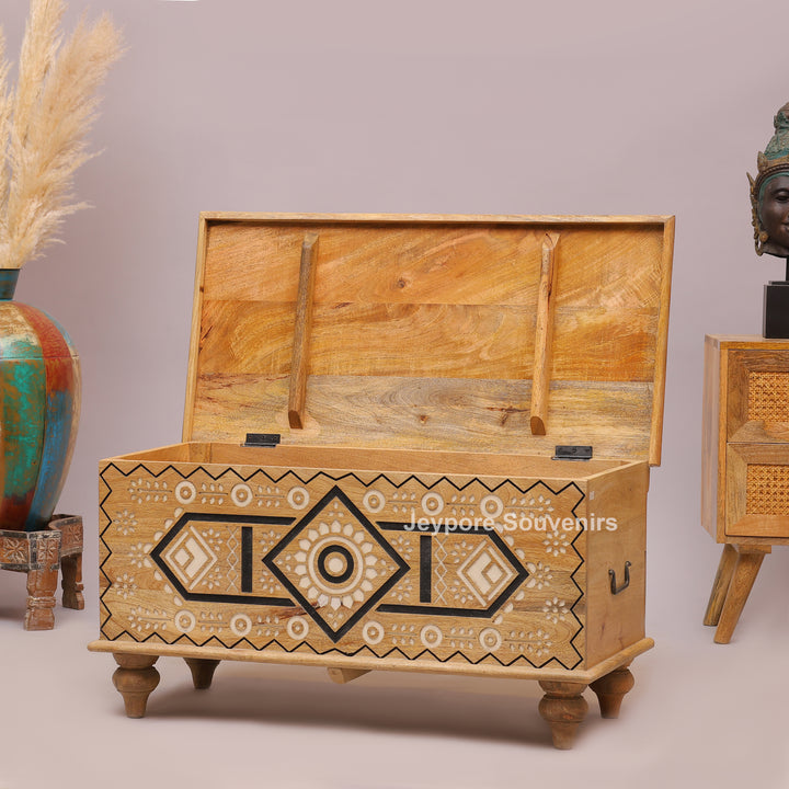 Hand-Carved Wooden Storage Trunk with Geometric &amp; Circular Motifs