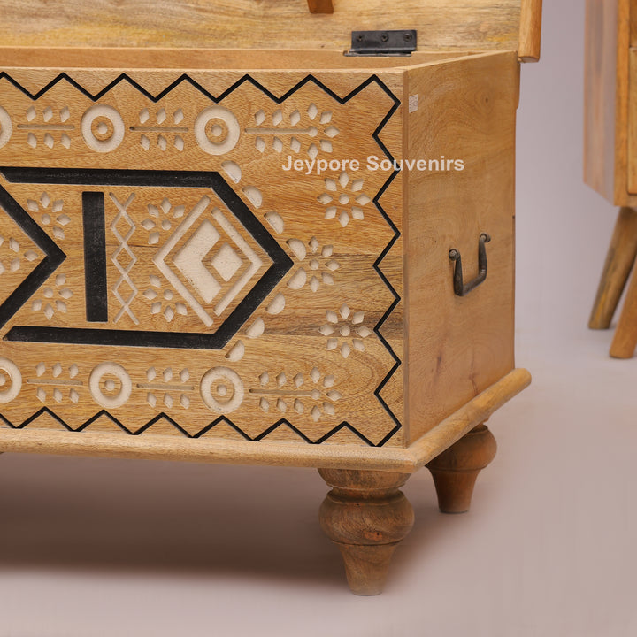 Hand-Carved Wooden Storage Trunk with Geometric &amp; Circular Motifs