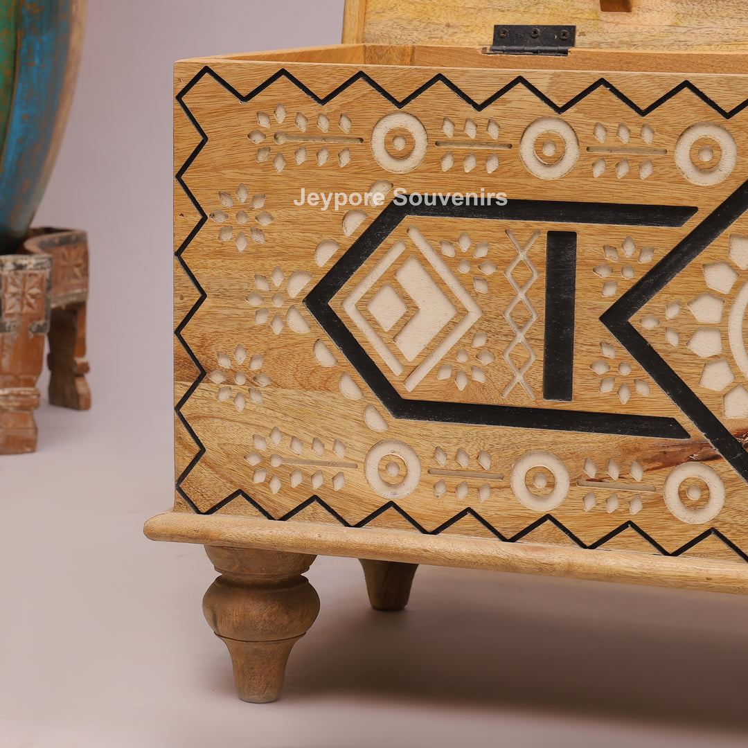 Hand-Carved Wooden Storage Trunk with Geometric &amp; Circular Motifs