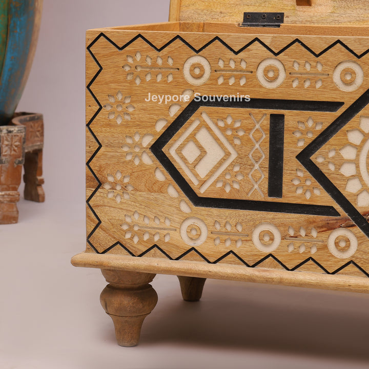 Hand-Carved Wooden Storage Trunk with Geometric &amp; Circular Motifs