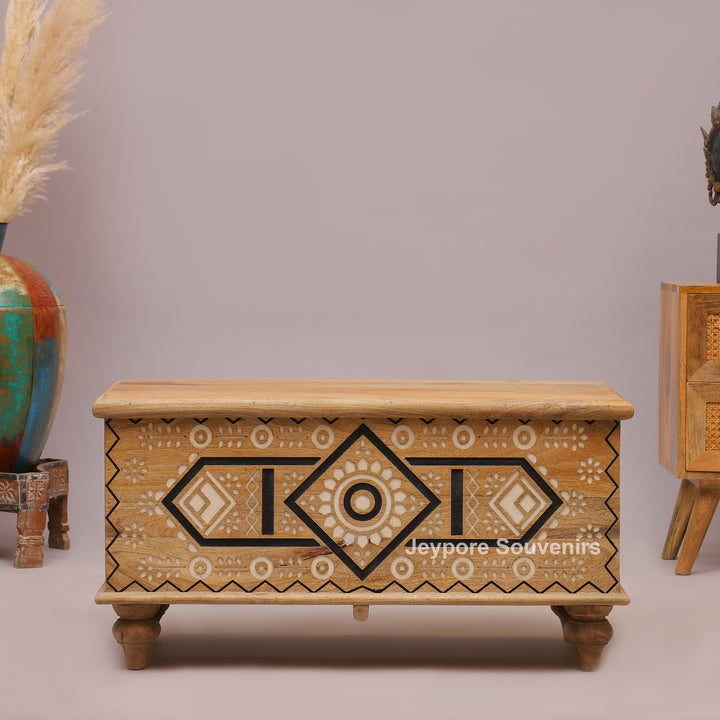Hand-Carved Wooden Storage Trunk with Geometric &amp; Circular Motifs
