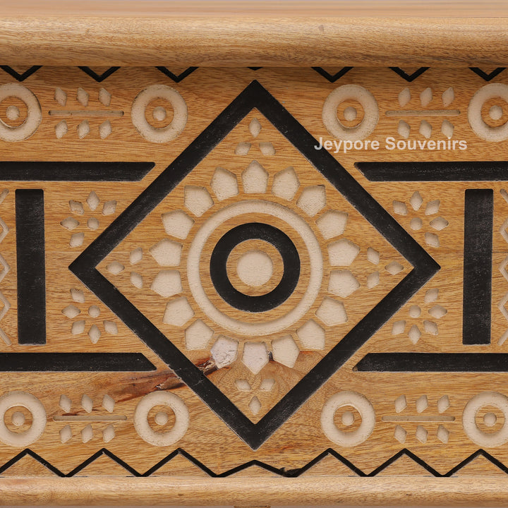 Hand-Carved Wooden Storage Trunk with Geometric &amp; Circular Motifs