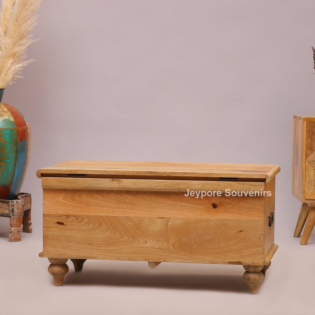 Hand-Carved Wooden Storage Trunk with Geometric &amp; Circular Motifs