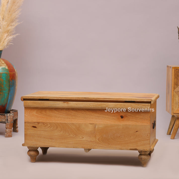 Hand-Carved Wooden Storage Trunk with Geometric &amp; Circular Motifs