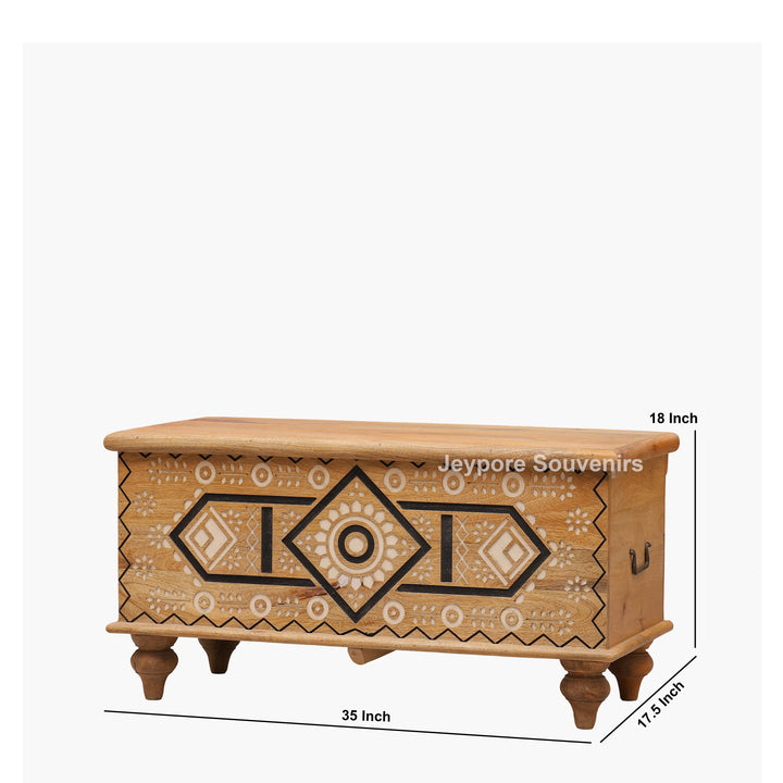 Hand-Carved Wooden Storage Trunk with Geometric &amp; Circular Motifs