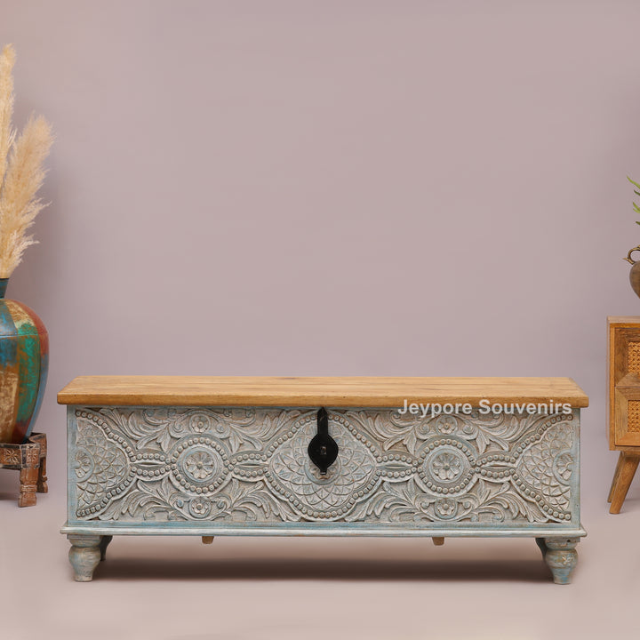 Hand-Carved Solid Wood Storage Trunk with Floral Mandala Design