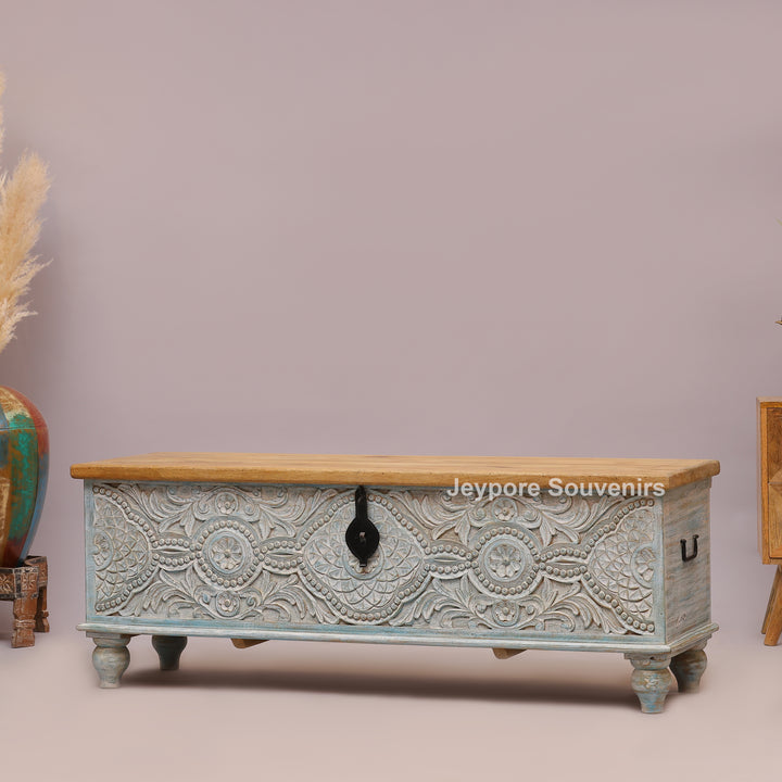 Hand-Carved Solid Wood Storage Trunk with Floral Mandala Design
