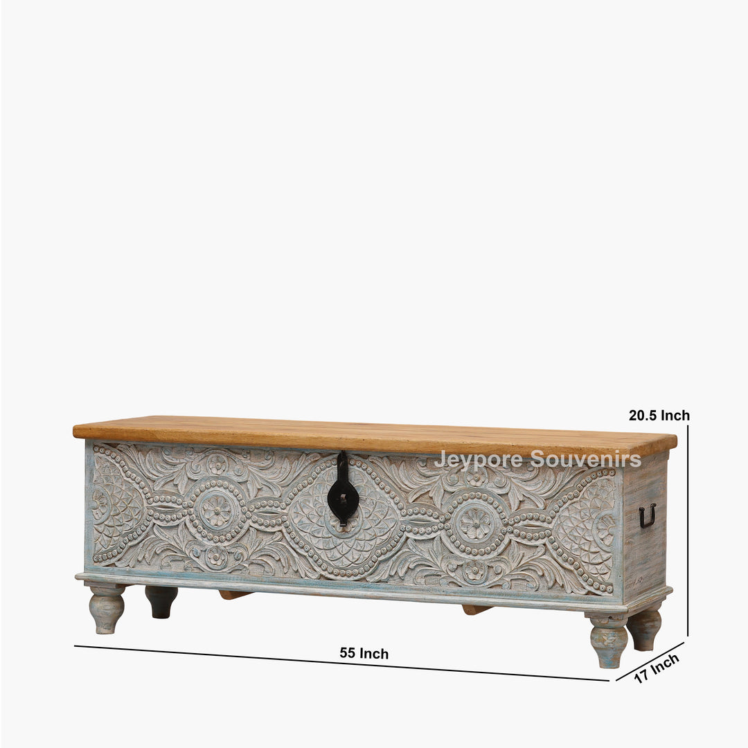 Hand-Carved Solid Wood Storage Trunk with Floral Mandala Design