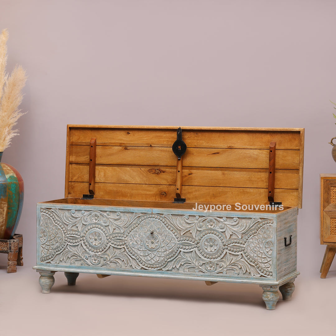 Hand-Carved Solid Wood Storage Trunk with Floral Mandala Design