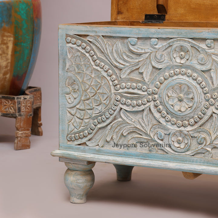 Hand-Carved Solid Wood Storage Trunk with Floral Mandala Design