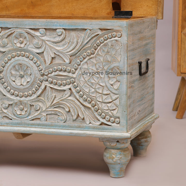 Hand-Carved Solid Wood Storage Trunk with Floral Mandala Design