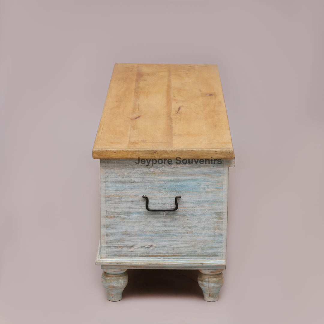Hand-Carved Solid Wood Storage Trunk with Floral Mandala Design