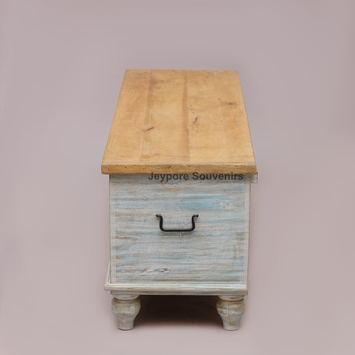 Hand-Carved Solid Wood Storage Trunk with Floral Mandala Design
