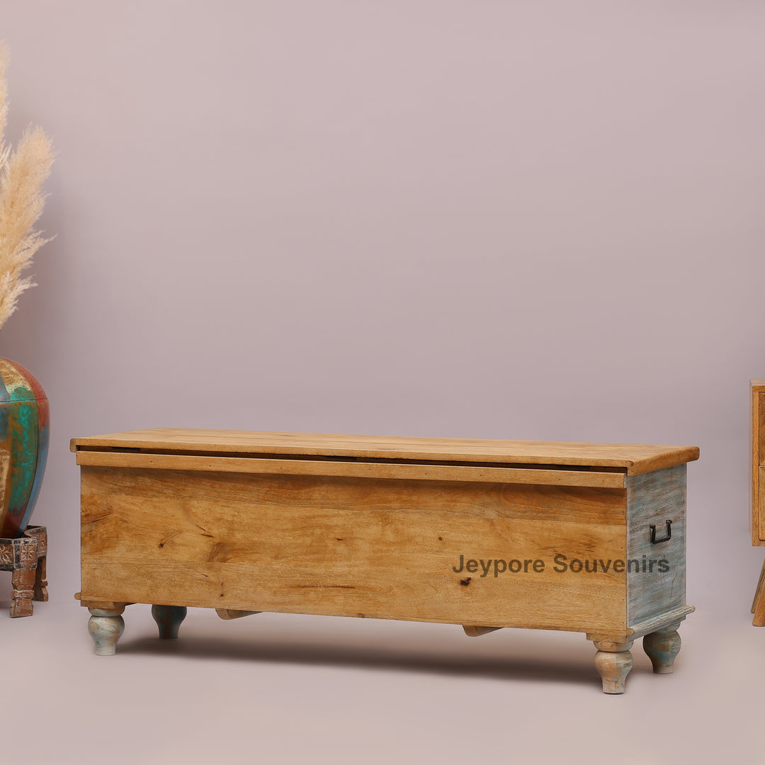 Hand-Carved Solid Wood Storage Trunk with Floral Mandala Design