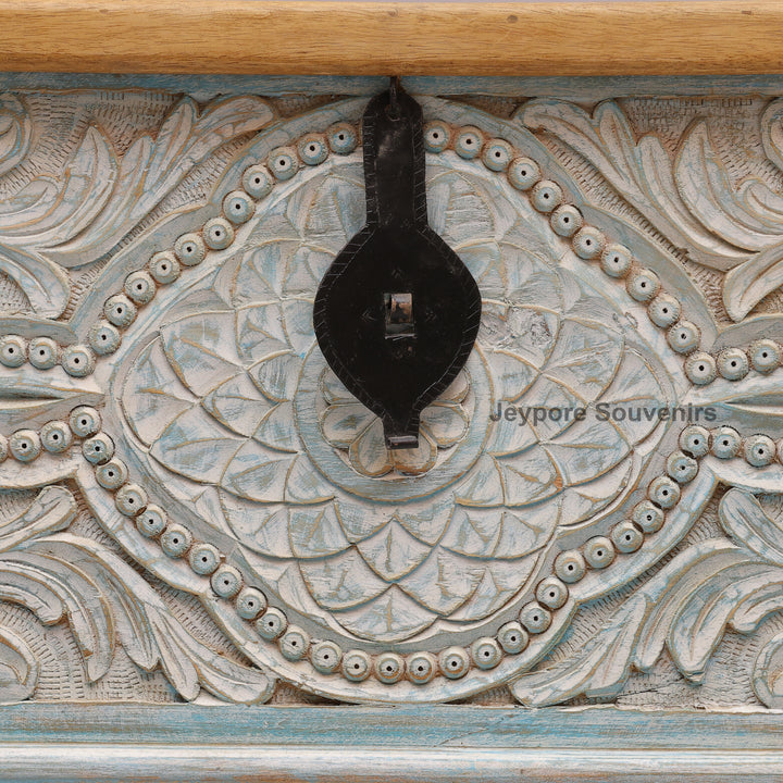 Hand-Carved Solid Wood Storage Trunk with Floral Mandala Design