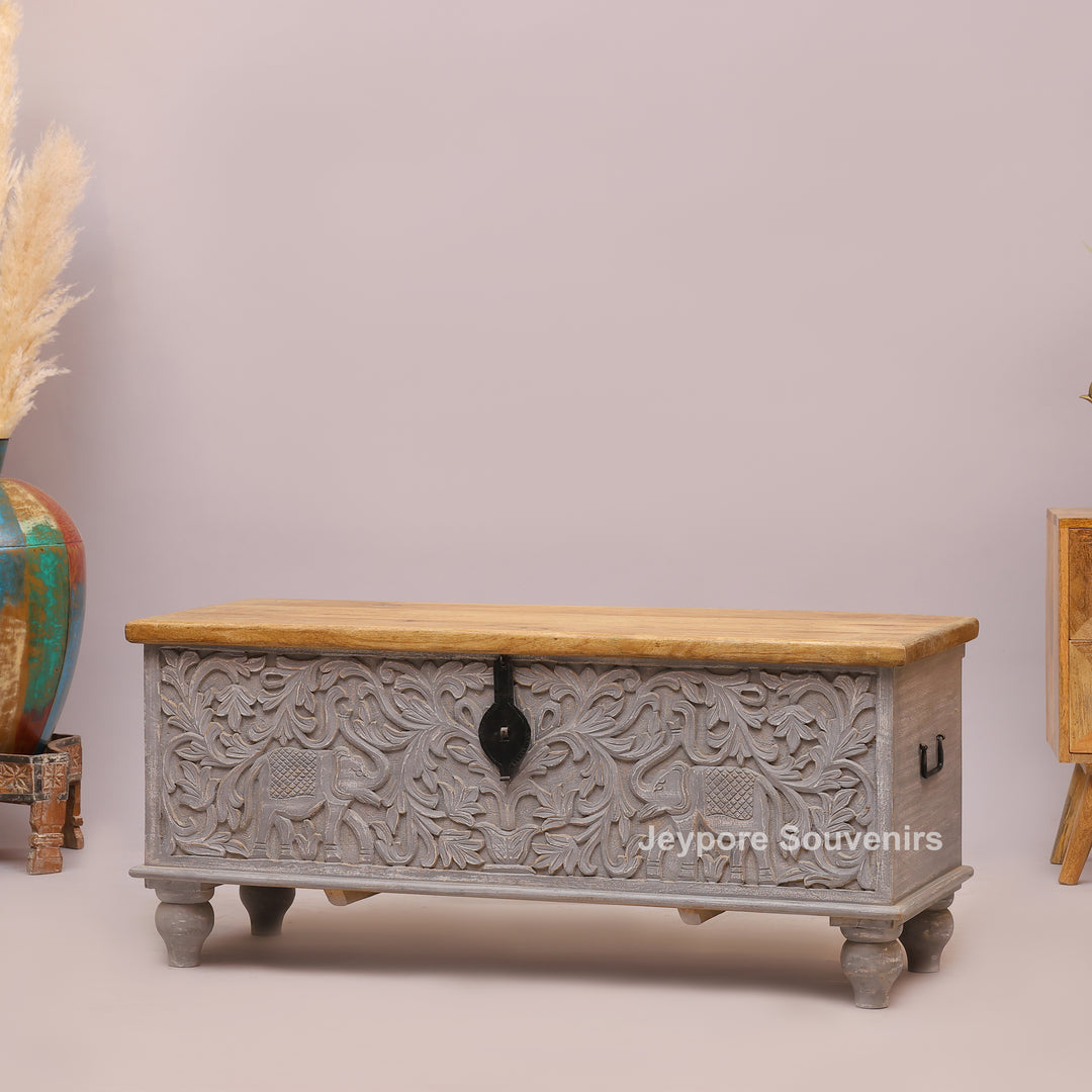 Hand-Carved Wooden Storage Trunk with Floral Distressed Grey Finish