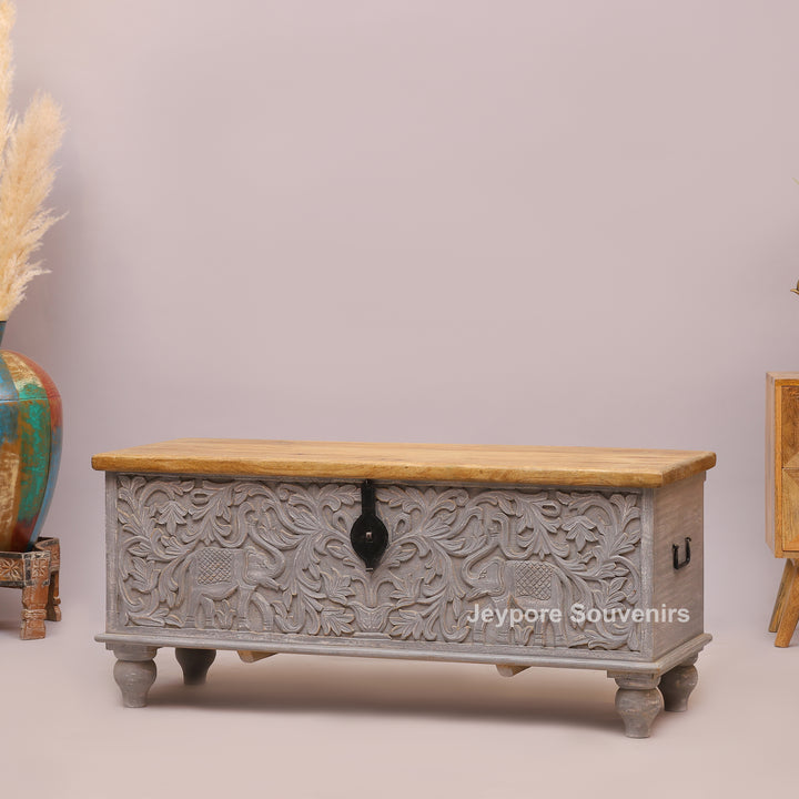 Hand-Carved Wooden Storage Trunk with Floral Distressed Grey Finish