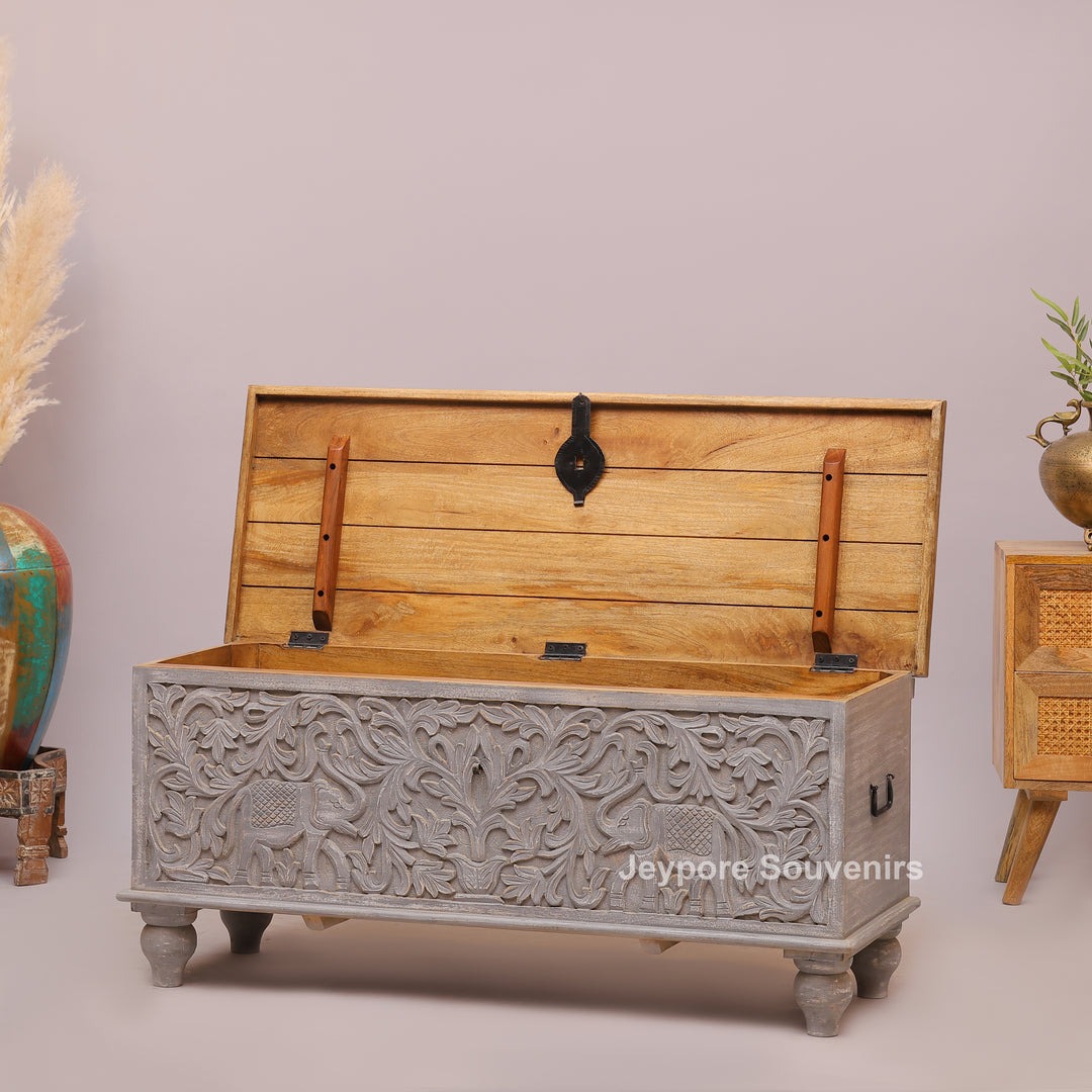 Hand-Carved Wooden Storage Trunk with Floral Distressed Grey Finish