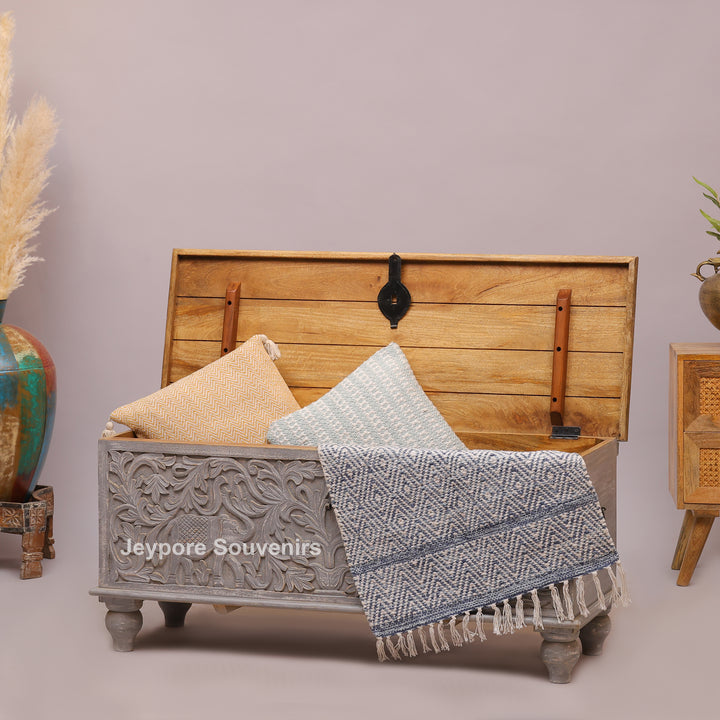 Hand-Carved Wooden Storage Trunk with Floral Distressed Grey Finish