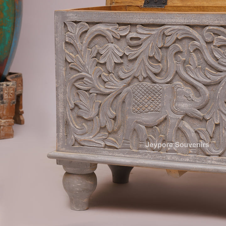 Hand-Carved Wooden Storage Trunk with Floral Distressed Grey Finish
