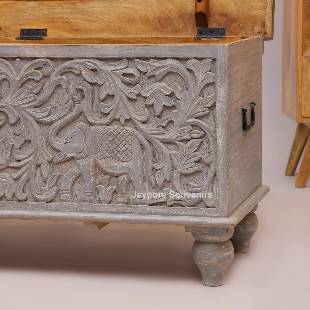 Hand-Carved Wooden Storage Trunk with Floral Distressed Grey Finish