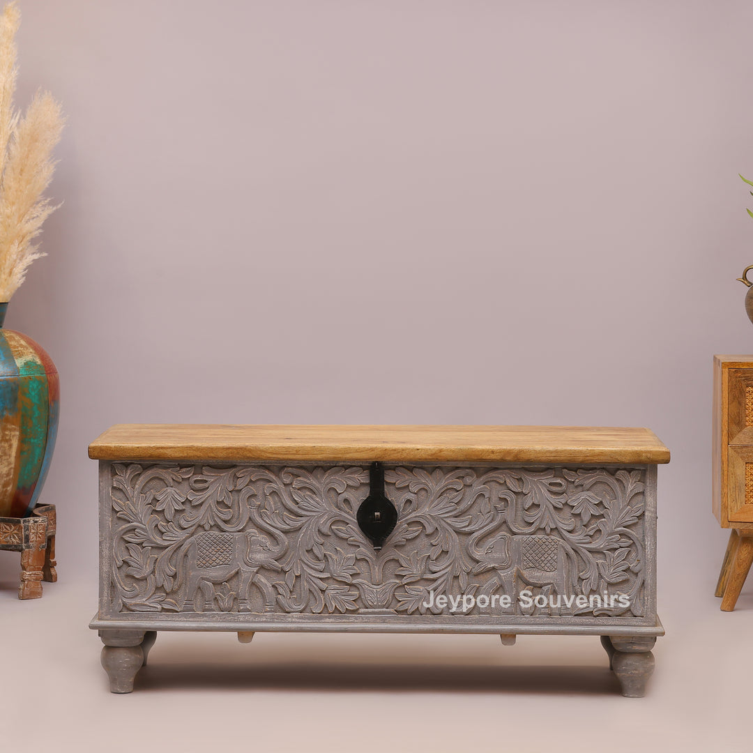 Hand-Carved Wooden Storage Trunk with Floral Distressed Grey Finish