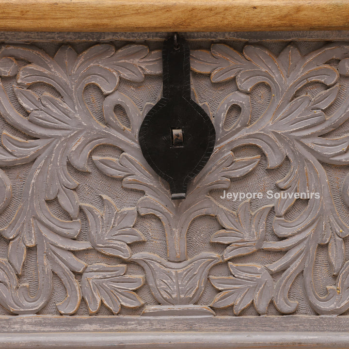 Hand-Carved Wooden Storage Trunk with Floral Distressed Grey Finish