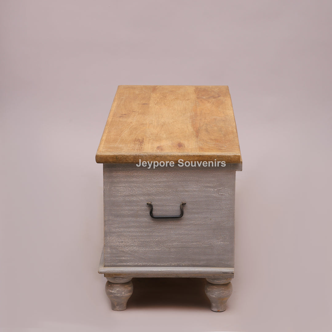Hand-Carved Wooden Storage Trunk with Floral Distressed Grey Finish