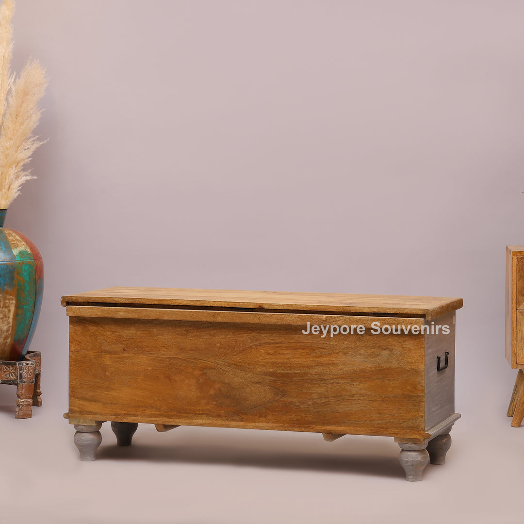 Hand-Carved Wooden Storage Trunk with Floral Distressed Grey Finish
