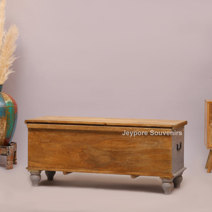 Hand-Carved Wooden Storage Trunk with Floral Distressed Grey Finish