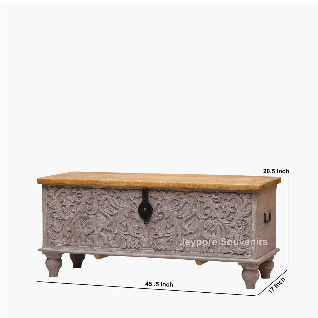 Hand-Carved Wooden Storage Trunk with Floral Distressed Grey Finish