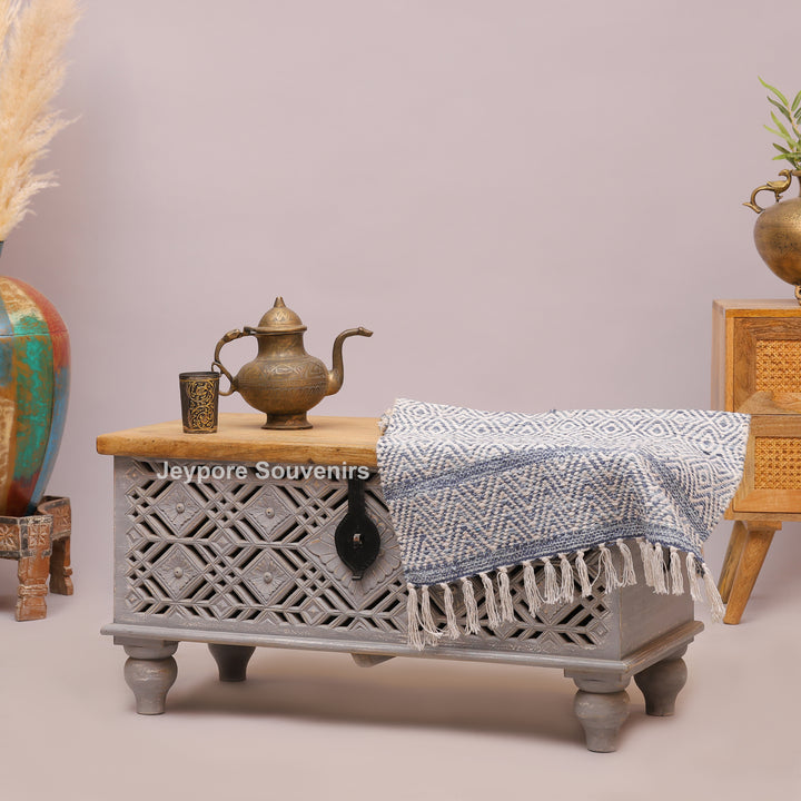 Hand-Carved Wooden Storage Trunk with Distressed Grey Finish