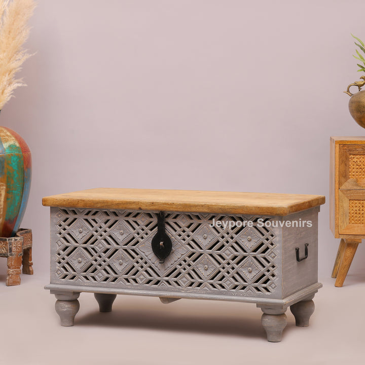Hand-Carved Wooden Storage Trunk with Distressed Grey Finish
