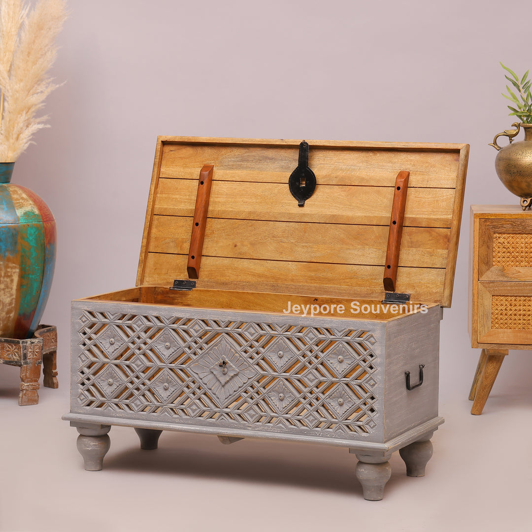 Hand-Carved Wooden Storage Trunk with Distressed Grey Finish