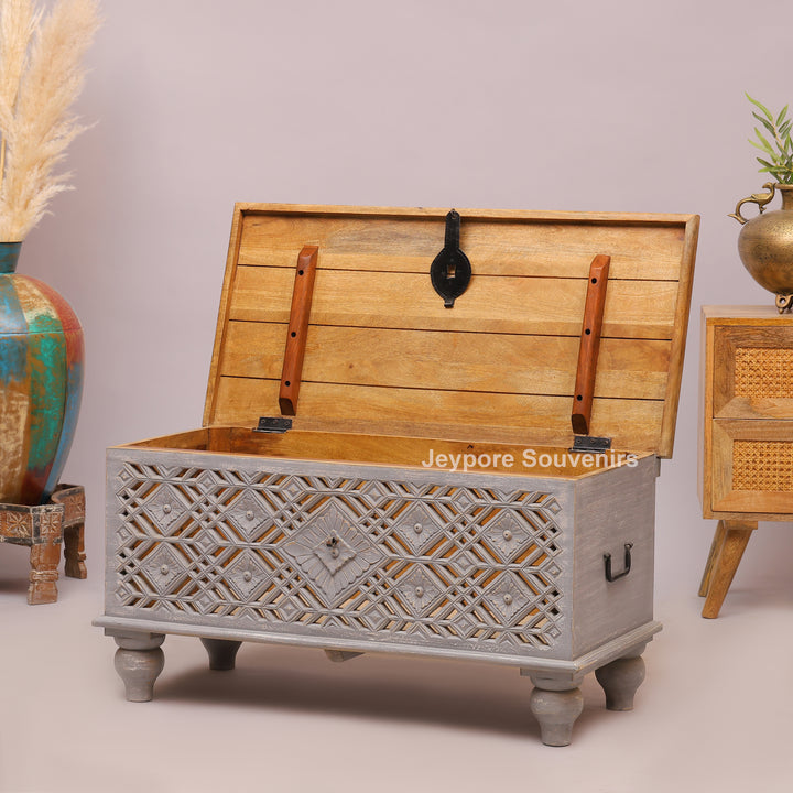 Hand-Carved Wooden Storage Trunk with Distressed Grey Finish