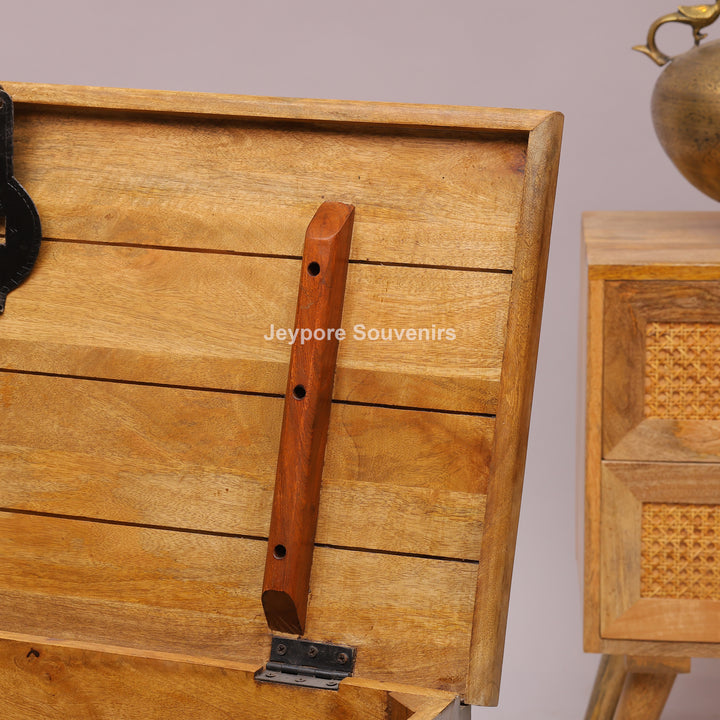 Hand-Carved Wooden Storage Trunk with Distressed Grey Finish