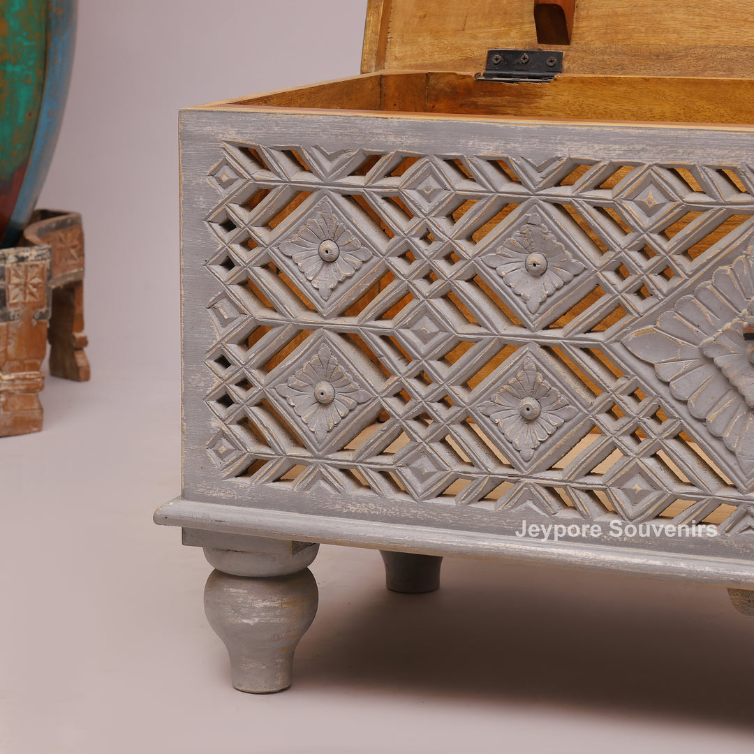 Hand-Carved Wooden Storage Trunk with Distressed Grey Finish