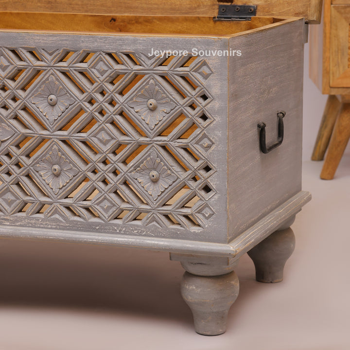 Hand-Carved Wooden Storage Trunk with Distressed Grey Finish